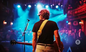 A guitarist seen from behind, on stage with blue stage lights and a crowd.