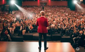 Man in red jacket on stage facing a large audience.