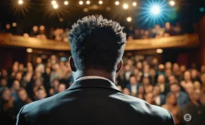 A man in a suit speaks to a blurred audience under stage lights.