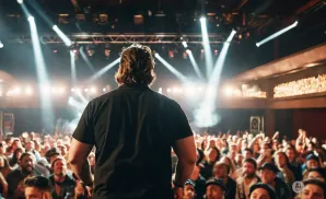 A man with red-tipped hair, a beard, and a black shirt holds a microphone and smiles at the camera.