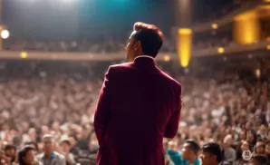 Man in a maroon suit on stage addressing a large, blurred audience.