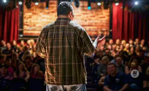 A man in a plaid shirt speaks to a blurred audience on stage, lit by stage lights.