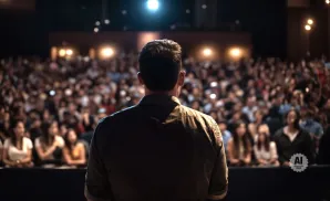 Man facing away from camera speaks to a large, blurred audience in a theater.