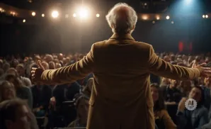 Man with arms outstretched addresses a large audience in a dimly lit theater.