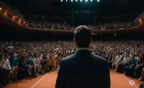 A man in a suit faces a large, cheering audience in a theater.