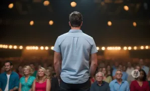 Man in a blue shirt facing an audience in a dimly lit venue with warm lights.