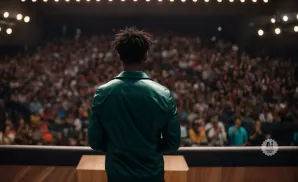 Back view of a Black man in a green jacket speaking to a large, blurred audience in an auditorium.