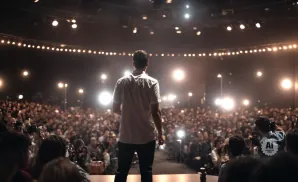 A speaker stands on stage facing a large, seated audience under stage lights.