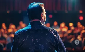Man in a dark patterned shirt, facing an audience in a dimly lit theater.