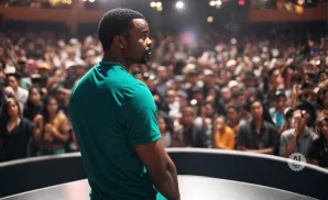 Man in teal shirt on stage facing a blurred crowd.