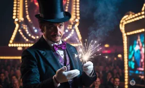 Magician in a top hat and tuxedo holding a sparkler in front of a cheering crowd.