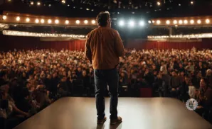A man in a brown jacket and jeans stands on a stage addressing a large, seated audience in a theater.