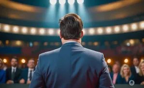 Back view of a man in a suit speaking to an audience under spotlights.
