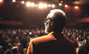 Man in an orange shirt with glasses, facing an audience under stage lights.