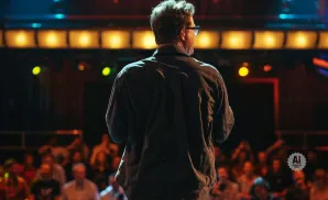 Man with glasses in dark shirt faces away from camera, standing before a blurred audience with stage lights behind him.