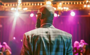 A Black man with glasses laughs while holding a microphone.
