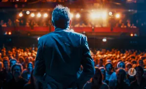 Man in a suit on stage facing a cheering audience under bright lights.