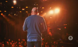 A bald man stands facing away from the camera on a dimly lit stage, with a crowd of people watching.