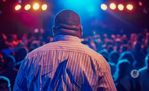 Man in striped shirt from behind watches a crowd at a concert with bright stage lights.