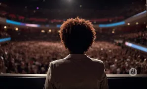 A person with an afro stands on a stage, facing a large, cheering crowd in a stadium.