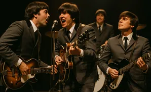 Four men in gray suits playing guitars on stage.