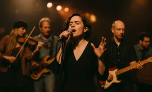 Singer performing with a band on stage, with a violinist and guitarists in the background.