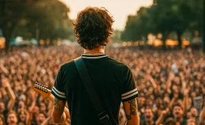 a rear view photo of alexsucks performing a concert on stage to a lively audience
