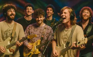 A band performs onstage, with the lead singer singing into a microphone, flanked by guitarists and other band members.