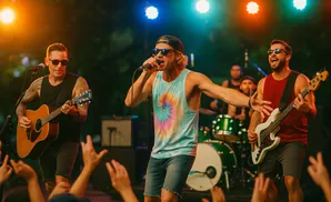 A band performs on stage at night, with colorful lights illuminating them.