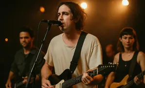 A band plays guitars on a stage with warm lighting.