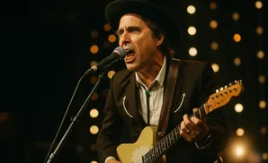 A musician in a black hat and suit sings into a microphone while playing a guitar.
