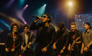 A male singer performs on stage with his band, bathed in colorful stage lights.