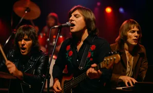 Band performing on stage: drummer in leather jacket, singer with roses on shirt playing bass, keyboardist in brown coat.