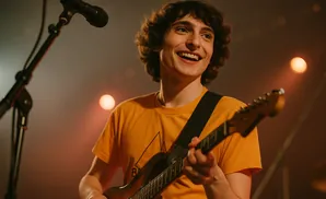 A young man with curly hair smiles while playing an electric guitar on stage.