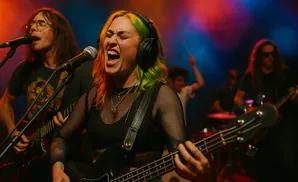 A woman with green and orange hair sings into a microphone while playing a bass guitar on stage.