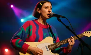 A woman in a colorful sweater plays a pale yellow electric guitar and sings into a microphone on a dimly lit stage.