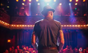 Man in a hat on stage facing away from the camera, with audience and lights in the background.