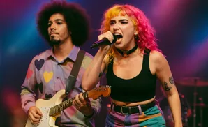Singer with pink and yellow hair performs with a guitarist wearing a heart-patterned shirt.