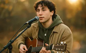 A young man plays an acoustic guitar and sings into a microphone outdoors at sunset.