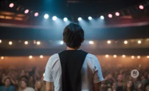 Back view of a person in a white shirt and black vest on stage, facing a blurry audience and bright stage lights.