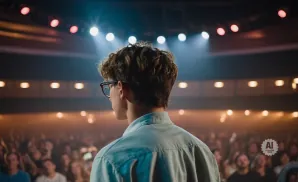A young man with curly hair and glasses stands on a stage, facing a cheering crowd.