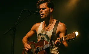 A man in a white tank top plays an acoustic guitar and sings into a microphone on a dark stage.