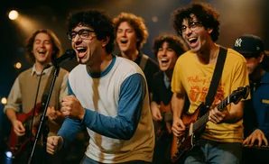 A band sings and plays guitars onstage, with the lead singer in the foreground shouting into a microphone.