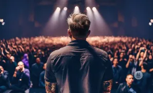Man with tattoos on arms faces a large cheering crowd under stage lights.
