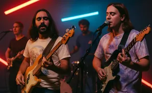 Band members playing instruments on stage with colorful lights.