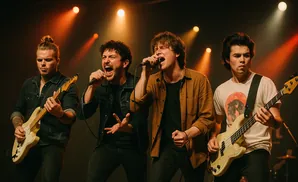 A band performs on stage with dramatic lighting.