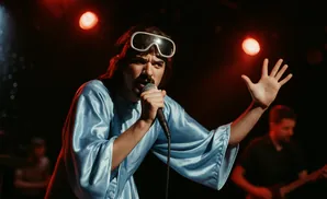 A man in a light blue robe and goggles sings into a microphone on a stage with red lights.