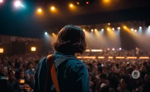 A musician with dark hair on stage, facing a large, cheering crowd under bright concert lights.