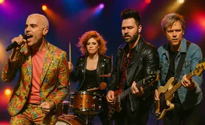 A four-piece band performs on stage with colorful lighting. A singer in a floral suit is at the microphone.