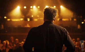 a rear view picture of musician paul brown performing on stage